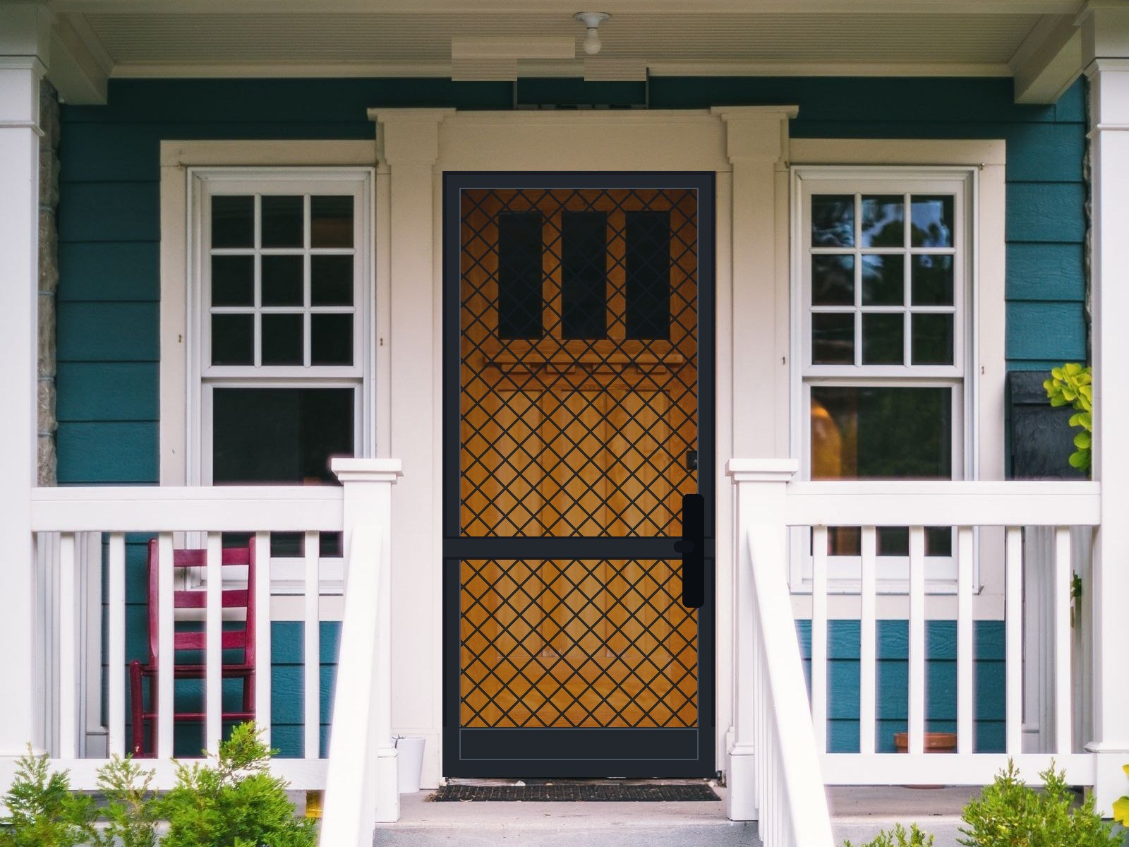 A timber front door on a porch, shown before and after a charcoal diamond-grille security screen door is visualised over it